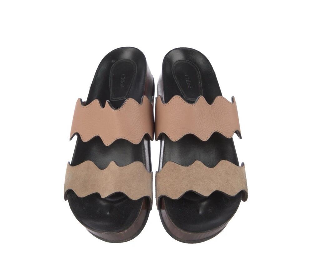 Authentic Chloe Carrara Scalloped slide sandal Tan/Gray Size 37